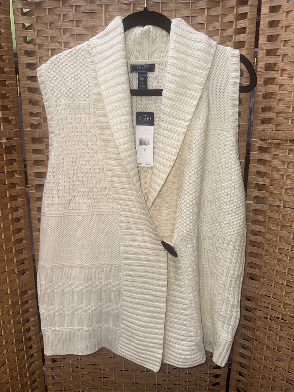 Chaps Cream Knit Shawl-Collar Sweater Vest with Button